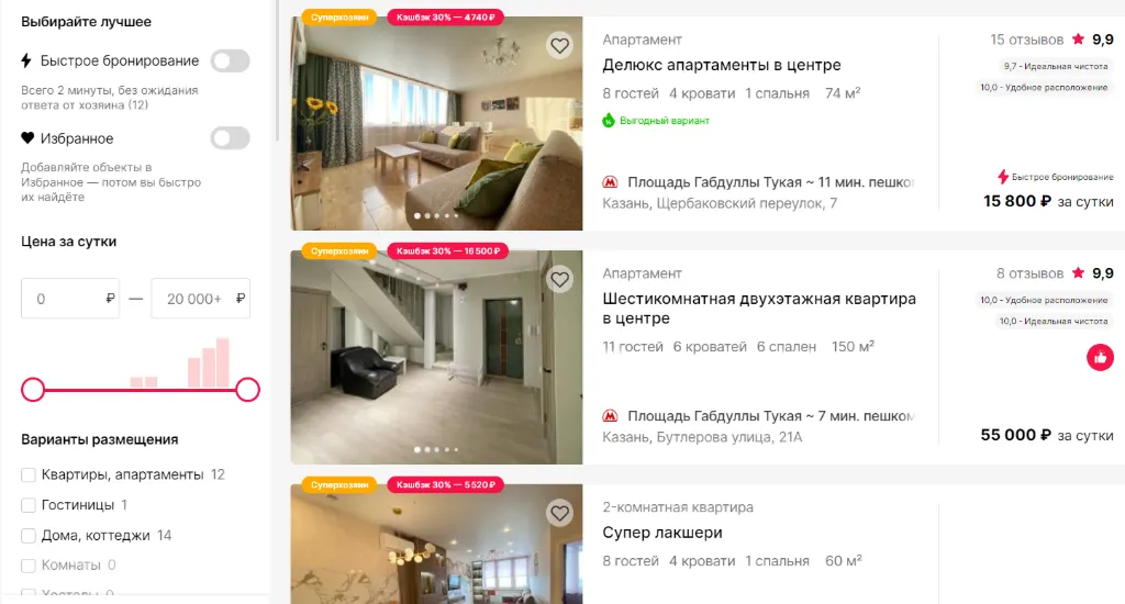 Пример интерфейса на площадке для поиска жилья для аренды - Суточно.ру.
