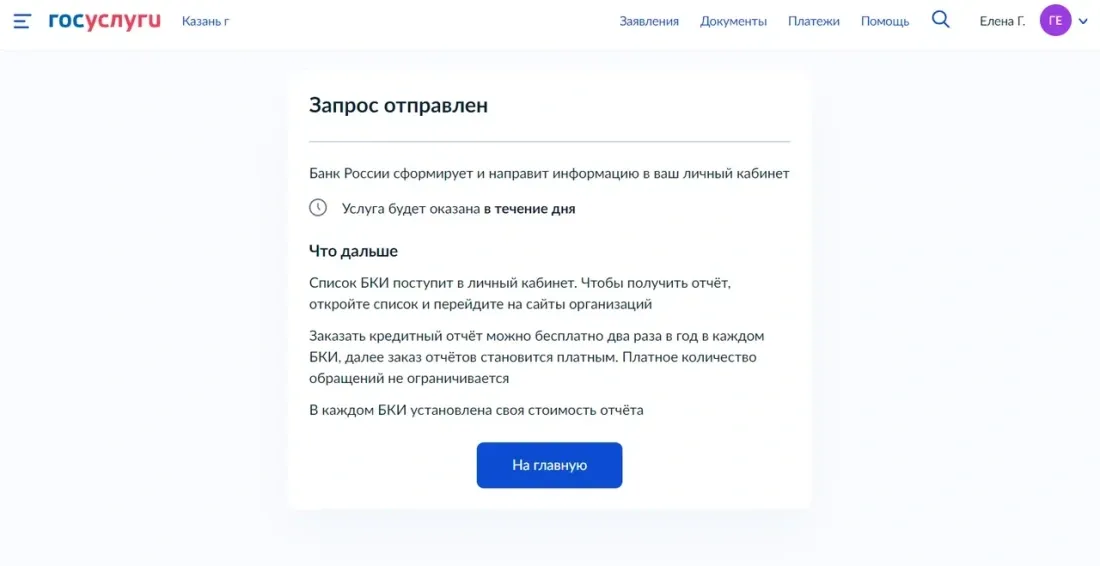 После того, как вы отправили заявку, Госуслуги.РФ уведомит вас о том, что скоро придет отчет