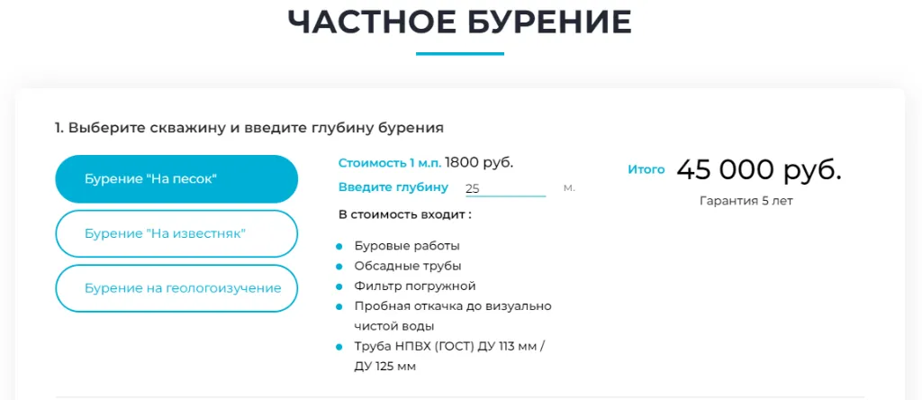 Пример стоимости бурения от одного из подрядчиков в Казани.