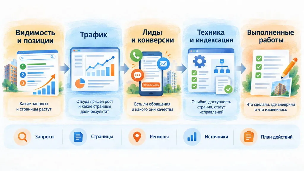 SEO-отчет для застройщика. Инфографика: AviGroup