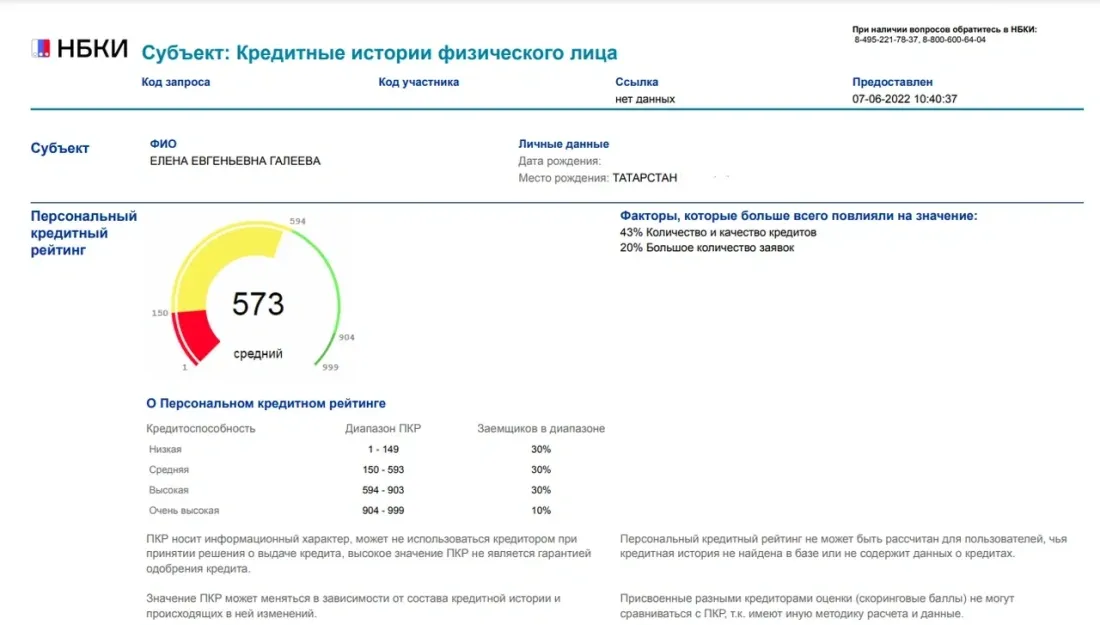 На картинке видно, что кредитный рейтинг — низкий. Красным выделена — просрочка по кредиту. Это сразу должно насторожить.