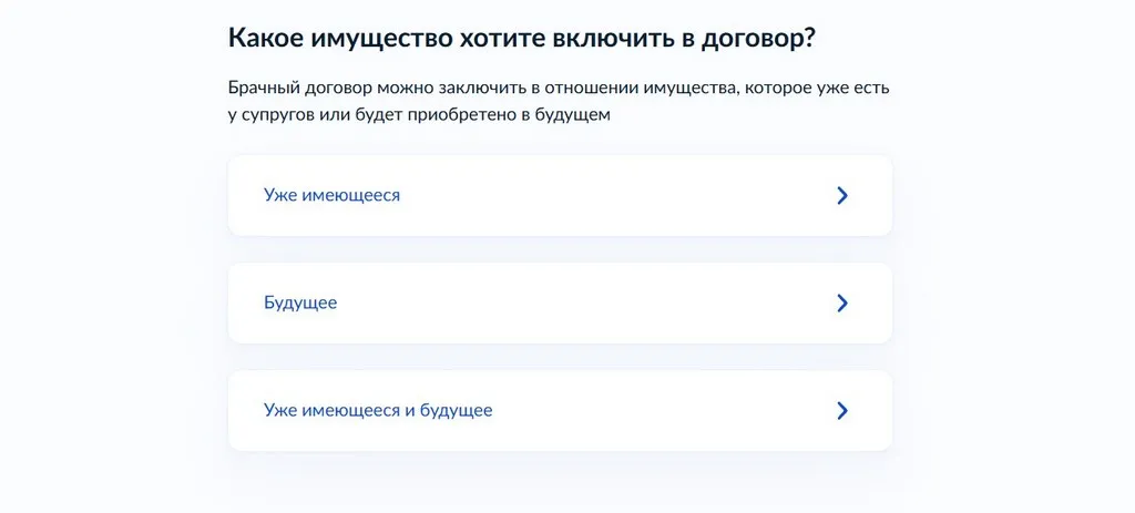 В брачном договоре можно учесть как имеющееся имущество, так и будущее. Скриншот: госуслуги.рф