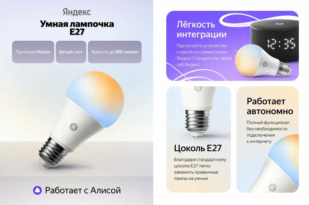 Лампочка с белым свечением, яркость регулируется голосом. Инфографика: «Яндекс Маркет»